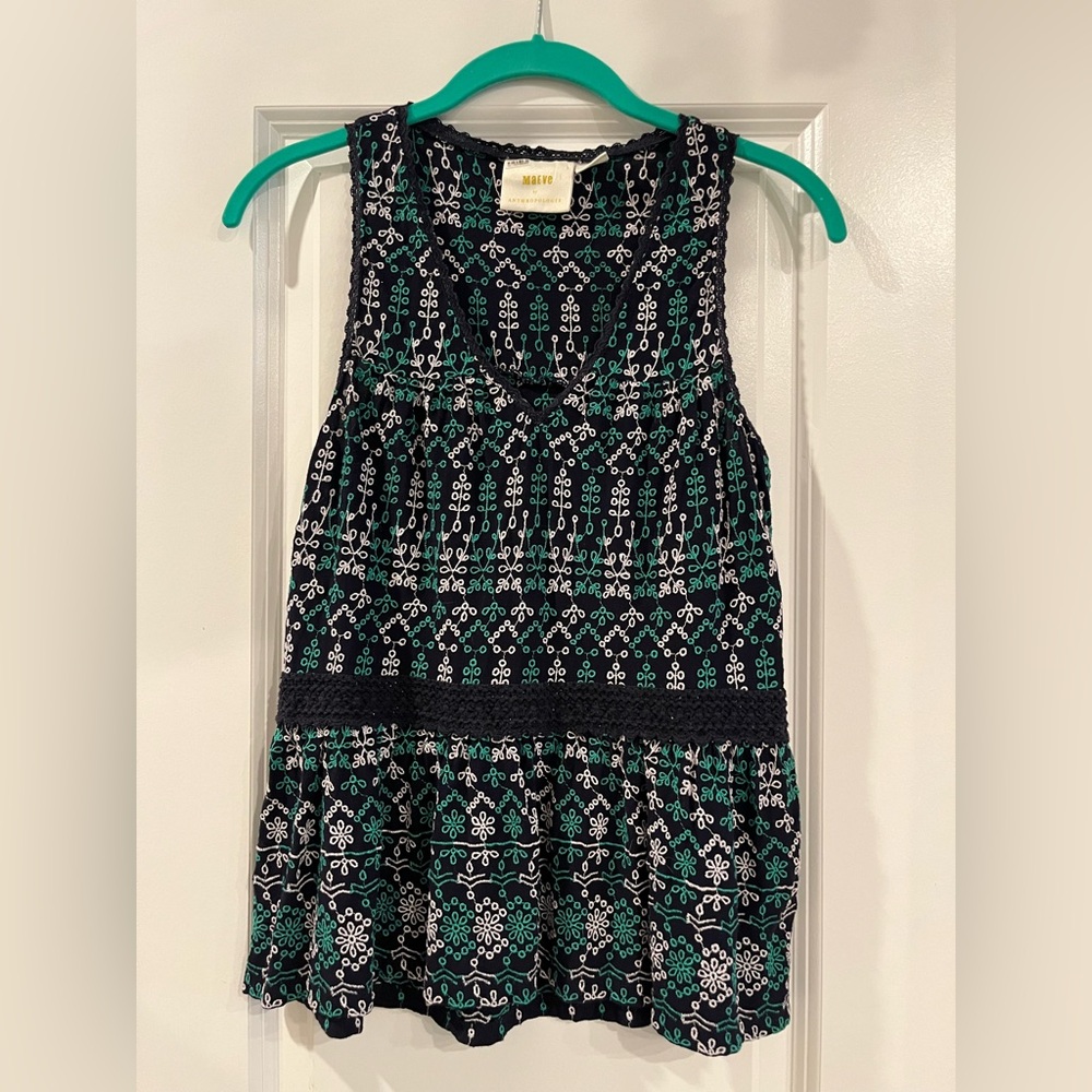Maeve by Anthropologie Cammie Navy Embroidered Eyelet Peplum Tank Blouse